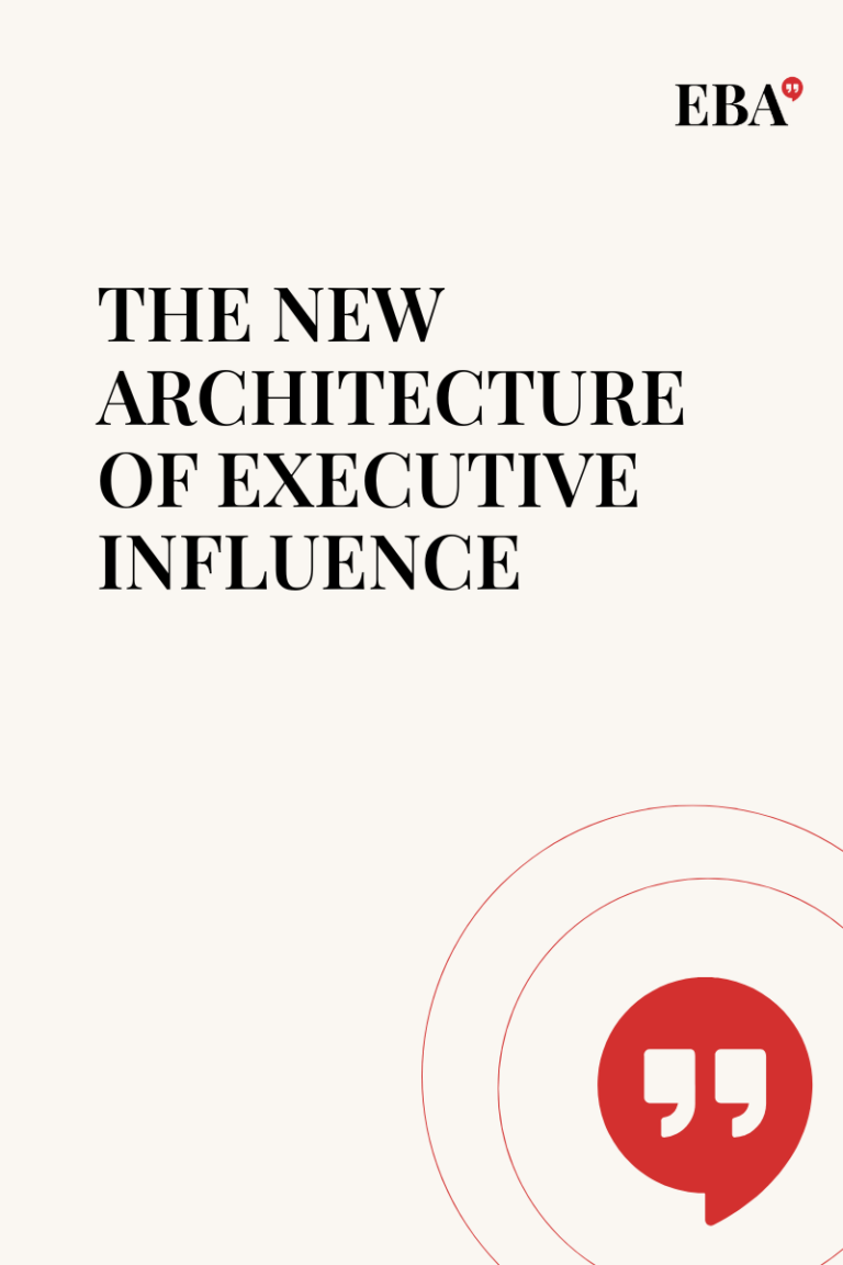 A modern, stylized blueprint showing connecting lines and nodes, titled "The New Architecture of Executive Influence."